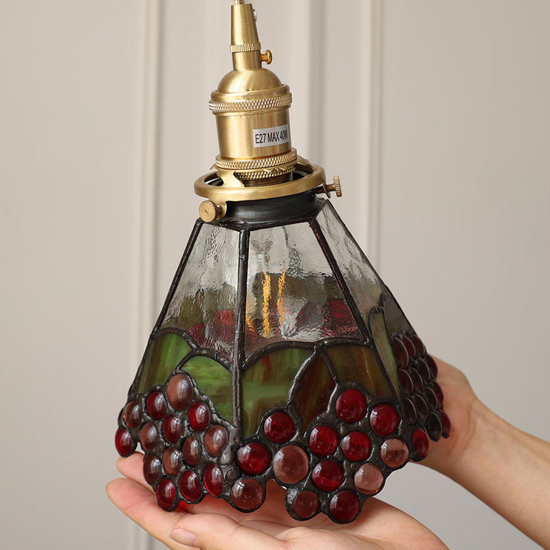 Traditional Vintage Brass Glass Flower Colored Grapes 1-Light Pendant Light For Dining Room