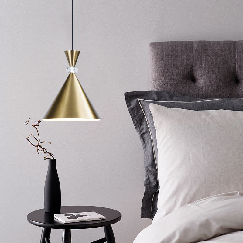 Modern Luxury Cone-Shaped Golden Finish Frame Crystal Decor 1-Light Pendant Light For Bedroom