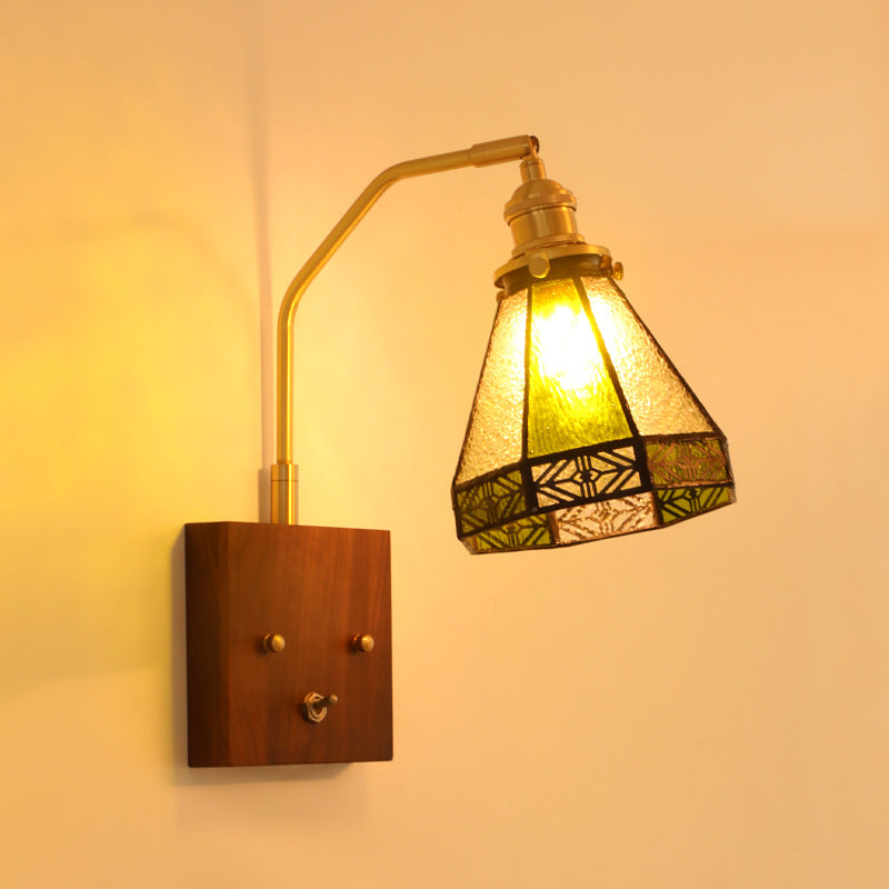 Contemporary Retro Square Cone All Copper Wood Glass 1-Light Wall Sconce Lamp For Living Room