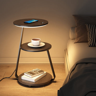 Contemporary Nordic Round Walnut Marble Iron Nightstand Mobile Phone Wireless Charging 2-Tier For Bedside