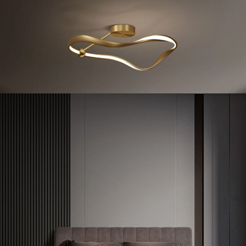 Modern Minimalist Wave Round Full Copper Acrylic LED Semi-Flush Mount Ceiling Light For Bedroom