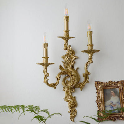 Traditional French Luxury Brass Candelabra Carved 2/3 Light Wall Sconce Lamp For Bedroom