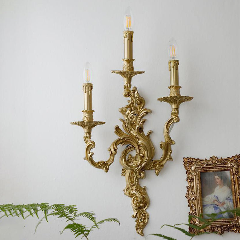 Traditional French Luxury Brass Candelabra Carved 2/3 Light Wall Sconce Lamp For Bedroom