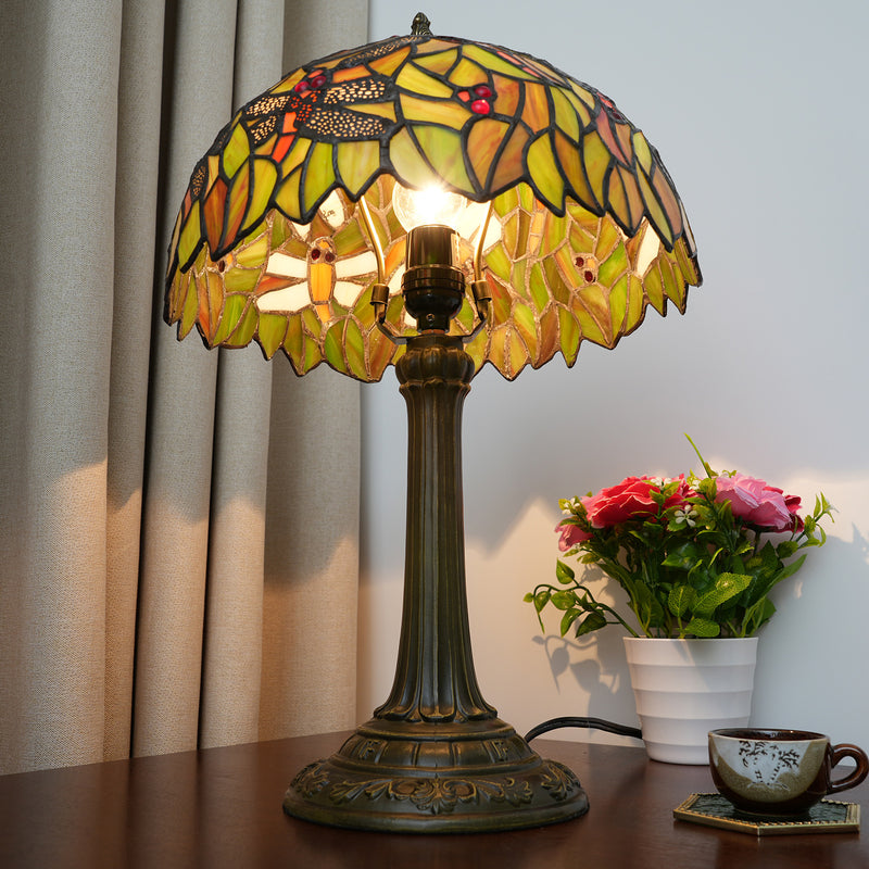 Traditional Tiffany Cylinder Half Round Disc Base Dragonfly Leaf Aluminum Glass 1-Light Table Lamp For Bedroom