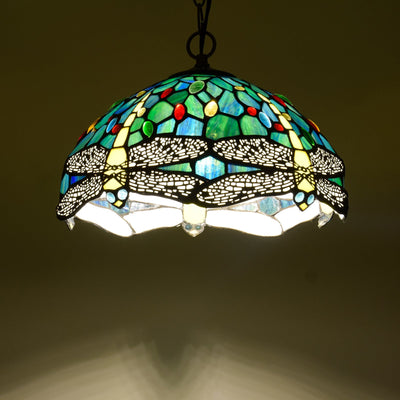 Traditional Tiffany Dragonfly Stained Glass Dome 1-Light Pendant Light For Living Room