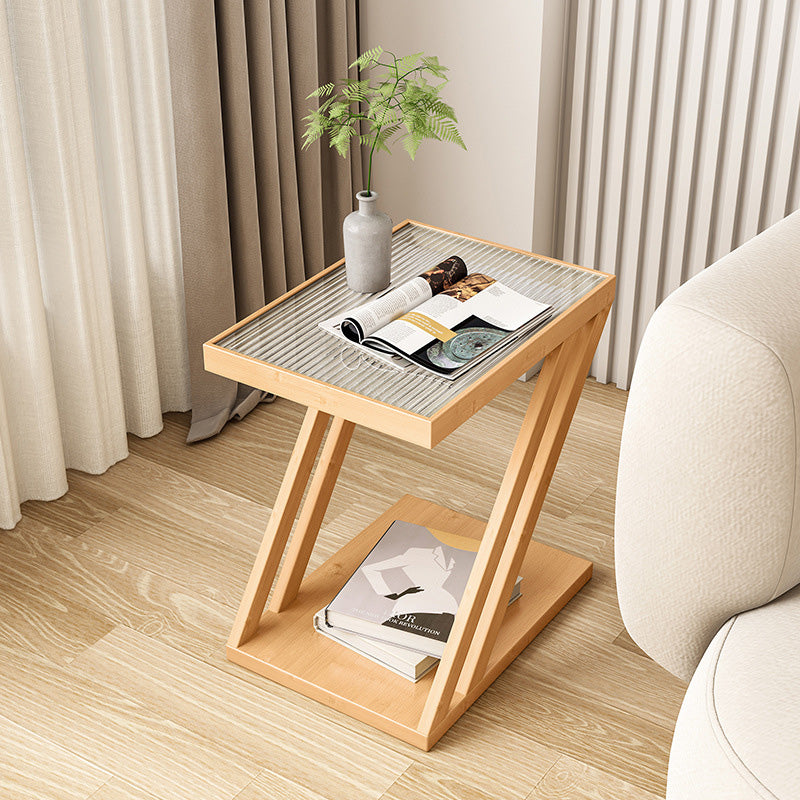 Modern Minimalist Rectangular Z-Shape Glass Bamboo Side Table For Living Room