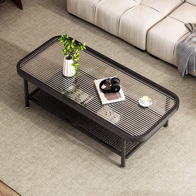 Modern Minimalist Rectangular Glass Carbon Steel Coffee Table 2-Tier For Living Room