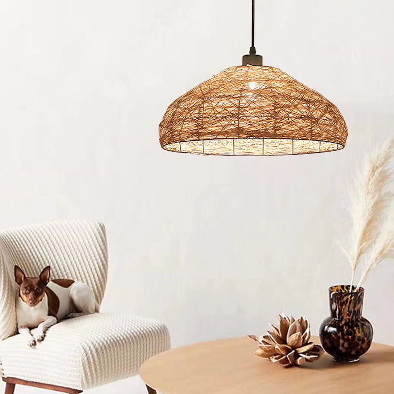 Traditional Chinese Rattan Weaving Round Shade 1-Light Pendant Light For Dining Room