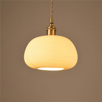 Contemporary Nordic Irregular Cylinder Stripe Ceramic Copper 1-Light Pendant Light For Living Room