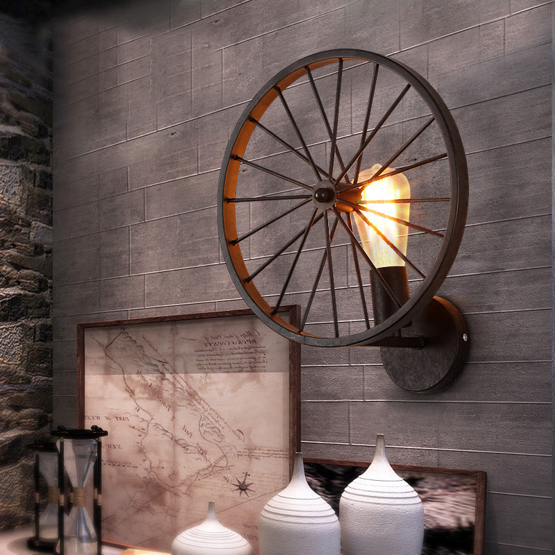 Contemporary Industrial Round Wheel Iron Glass 1-Light Wall Sconce Lamp For Living Room