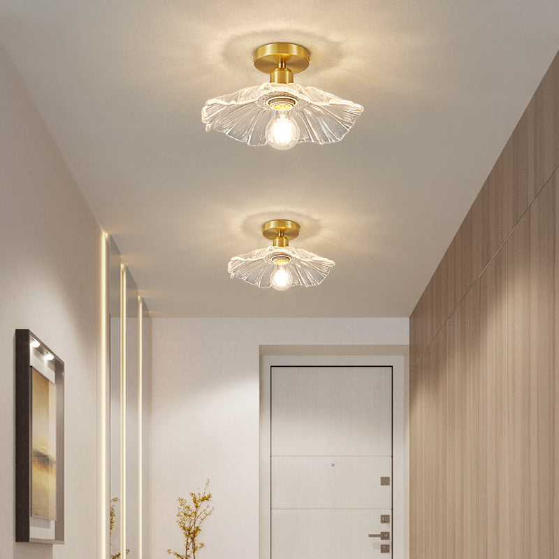 Modern Minimalist Flower Petal Lotus Leaf Copper Glass 1-Light Semi-Flush Mount Ceiling Light For Hallway