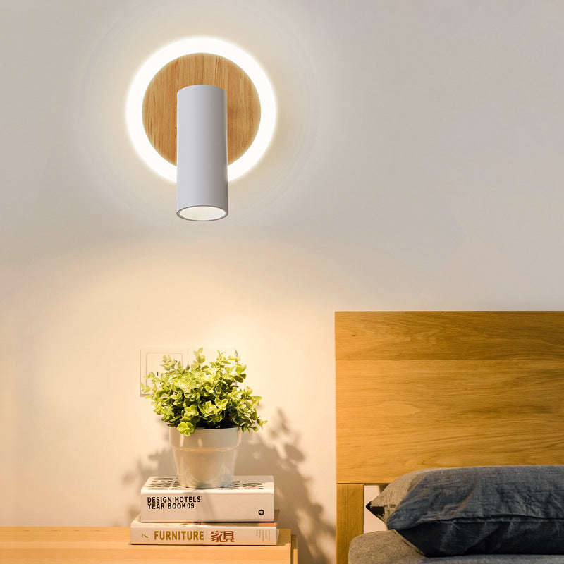 Modern Minimalist Round Wood Aluminum LED Wall Sconce Lamp For Bedroom