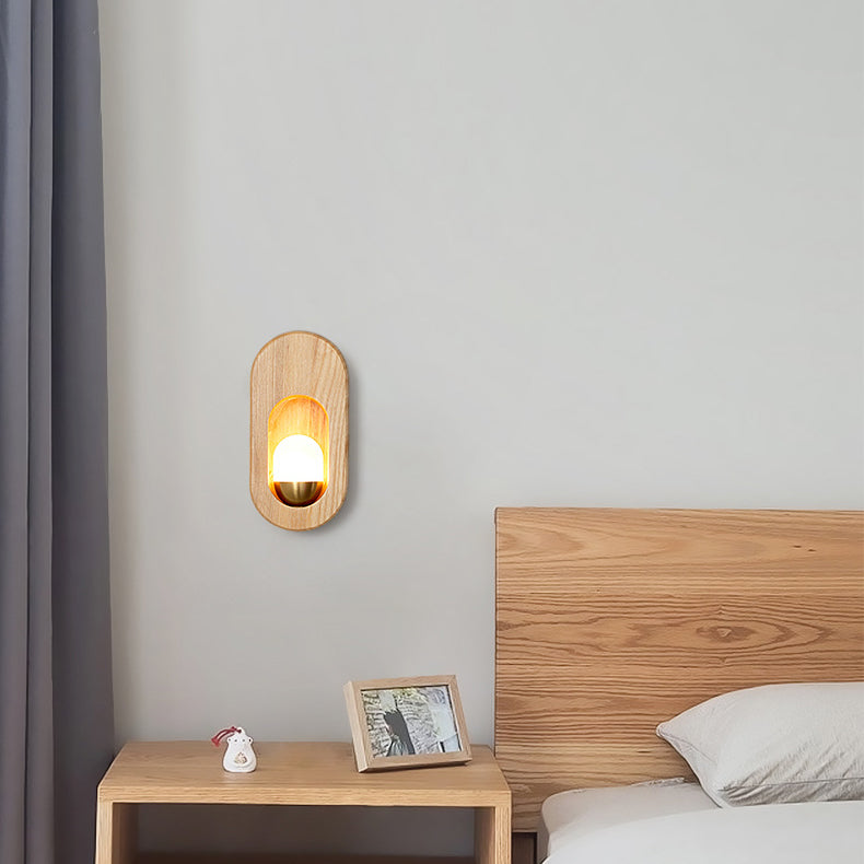 Traditional Japanese Wooden Elliptical Ultra-Thin Frame Acrylic Shade 1-Light Wall Sconce Lamp For Living Room