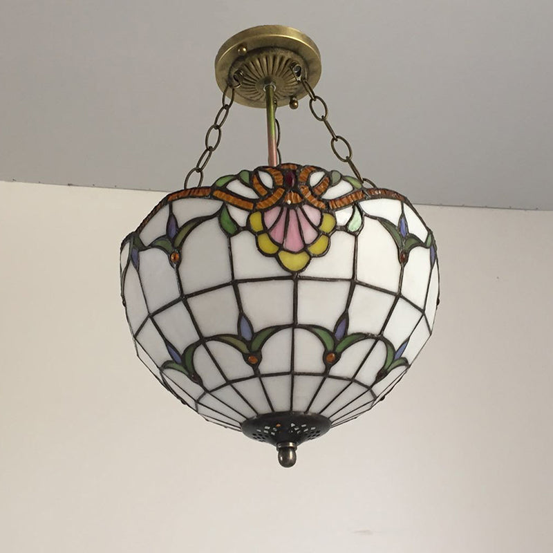 Traditional Tiffany Half Globe Floral Plaid Pattern Iron Glass 2-Light Pendant Light For Bedroom