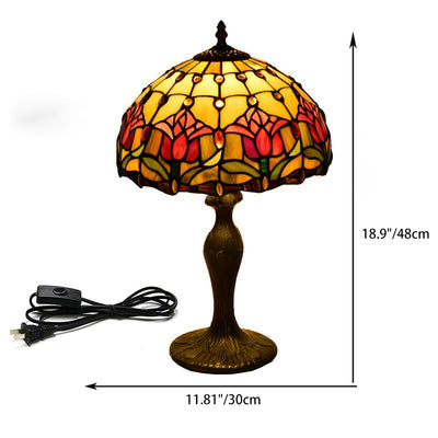 Traditional Tiffany Stained Glass Red Tulip Dome Aluminum Base 1-Light Table Lamp For Bedroom