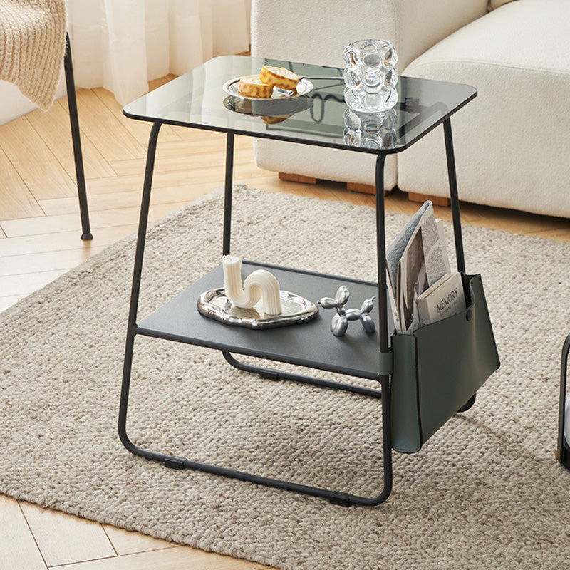 Modern Minimalist Rectangular Glass Iron Coffee Table 2-Tier For Living Room