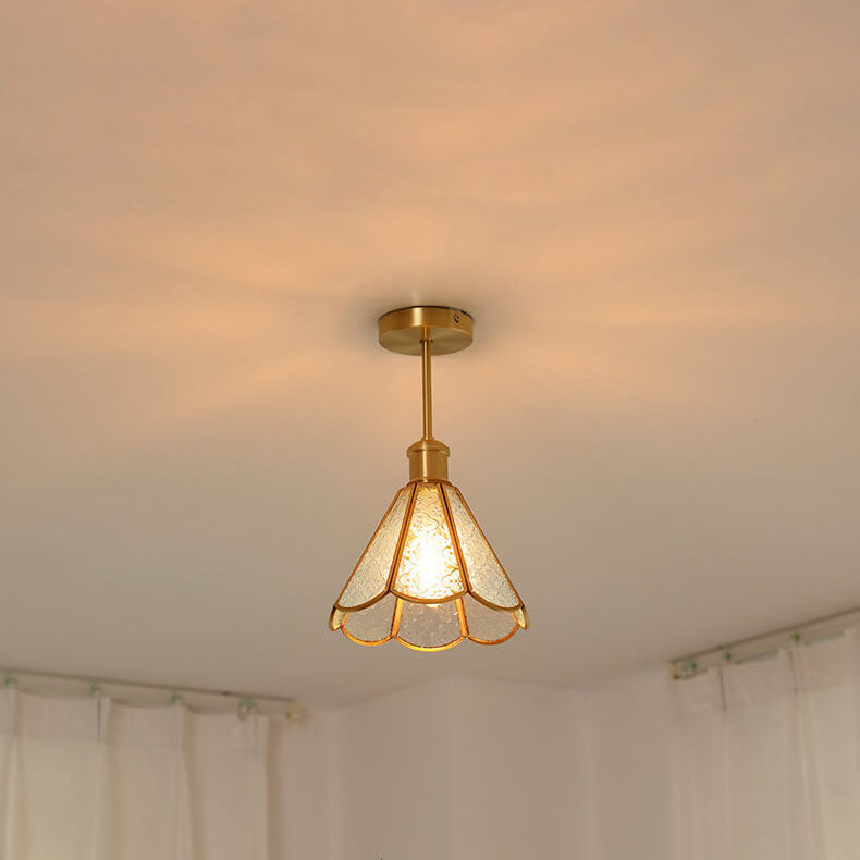 French Vintage Copper Gold Finish Frame Polygonal Glass 1-Light Semi-Flush Mount Ceiling Light