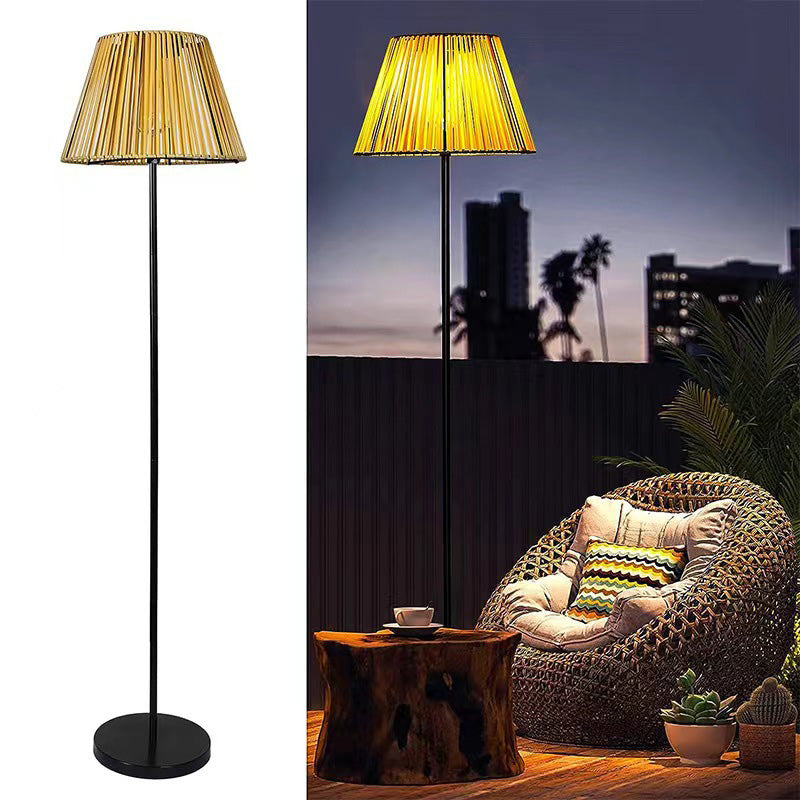 Traditional Farmhouse Waterproof Solar Trapezoidal Handmade Woven Rattan LED Standing Floor Lamp For Garden