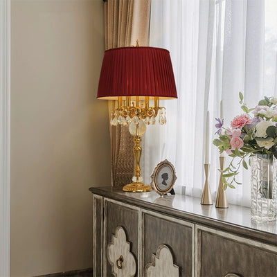 Traditional French Copper Crystal Fabric Cylinder Pleated 5-Light Table Lamp For Bedside