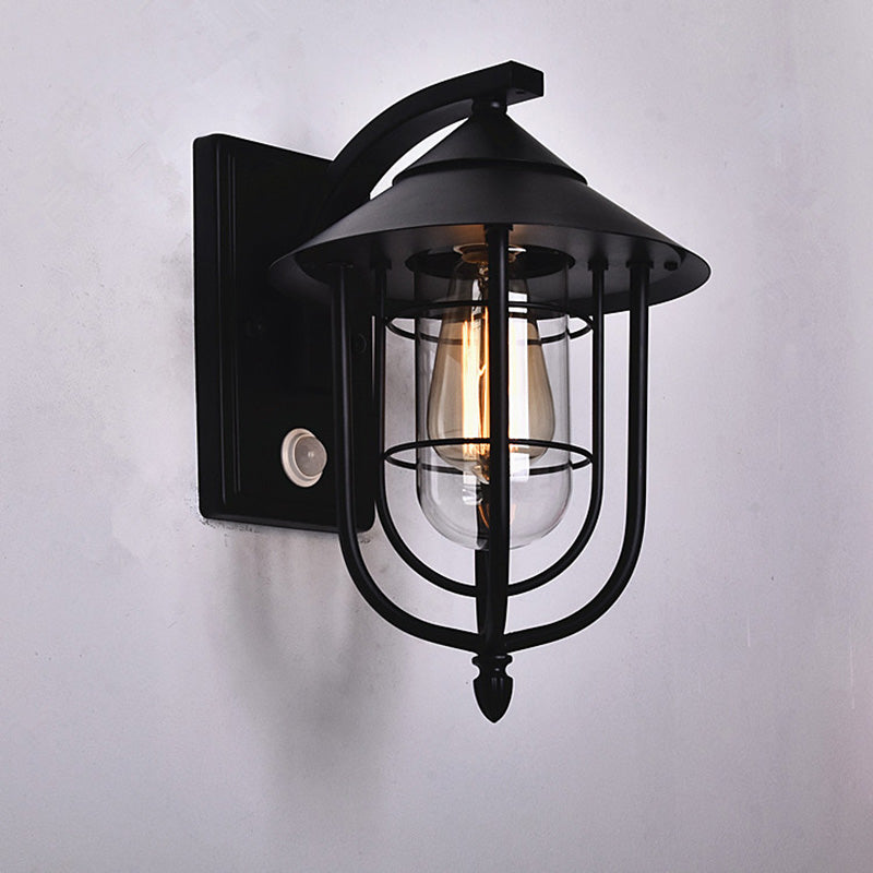 Contemporary Industrial Human Sensing Iron Glass 1-Light Outdoor Wall Sconce Lamp For Garden