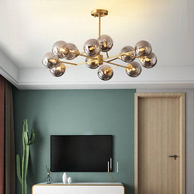 Modern Mid-century Brass Frame Molecular Glass Ball Shade 6/9/12/15-Light Chandelier For Living Room