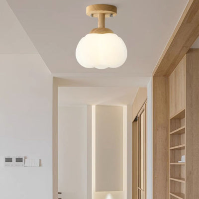 Modern Simplicity Rubber Wood PE Pumpkin Round 1-Light Semi-Flush Mount Ceiling Light For Hallway