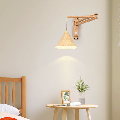 Modern Minimalist Cone Retractable Long Iron Water Turned Wood Grain Wood Wall Sconce Lamp For Bedroom