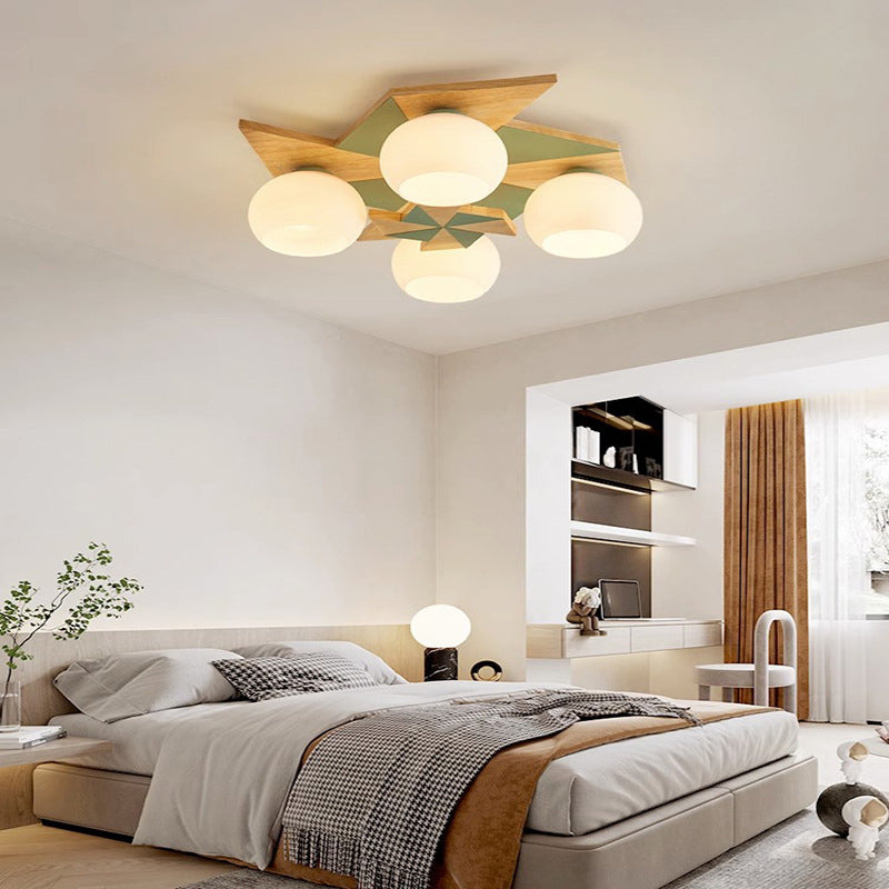 Contemporary Creative Windmill Orb Wood Iron Glass 4-Light Flush Mount Ceiling Light For Bedroom