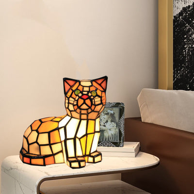 Lampe de table traditionnelle à 1 lumière en forme de chat en vitrail Tiffany pour chambre à coucher