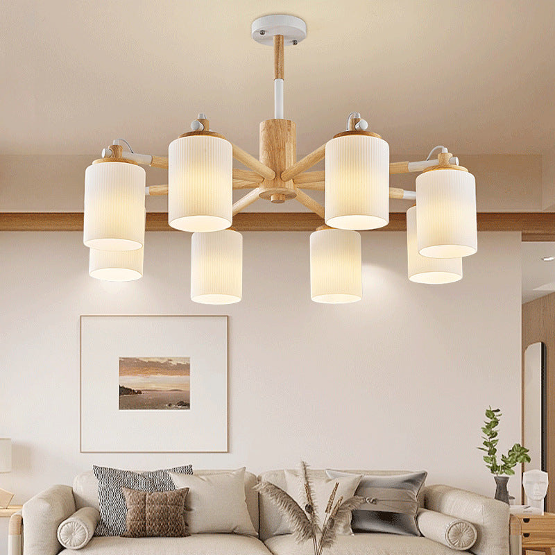 Contemporary Nordic Branch Cylinder Rubberwood Glass 8-Light Chandelier For Living Room