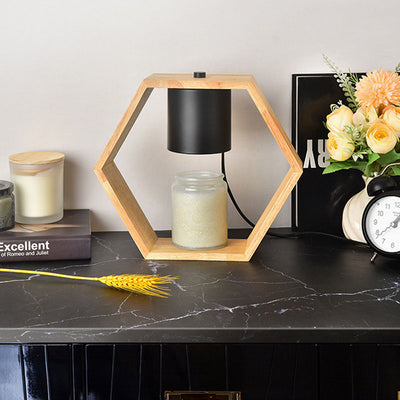 Lampe de table à 1 lumière hexagonale minimaliste moderne en métal et bois pour aromathérapie 