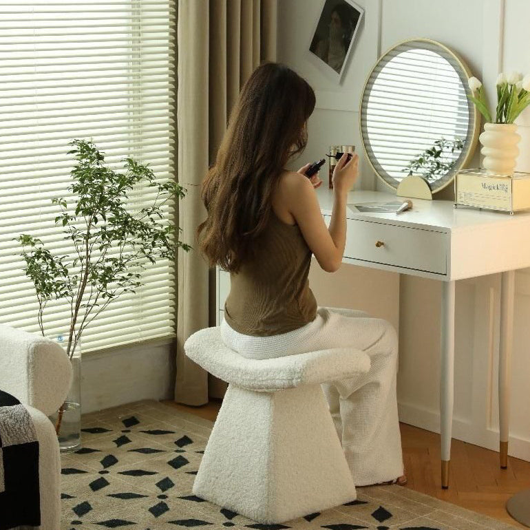 Modern Minimalist Rectangular Trapezoidal Base Wood Lambswool Vanity Stool For Bedroom