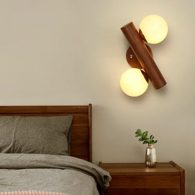 Contemporary Scandinavian Cylinder Orb Rubberwood Glass 2-Light Wall Sconce Lamp For Bedroom