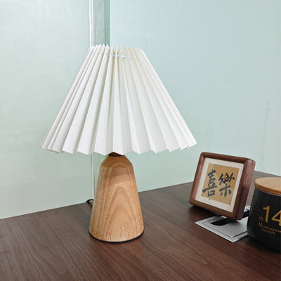 Contemporary Scandinavian Trapezoidal Pleated Fabric Wood 1-Light Table Lamp For Bedroom