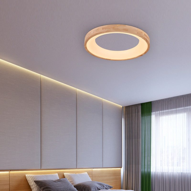 Modern Minimalist Ring Acrylic Oak LED Flush Mount Ceiling Light For Living Room