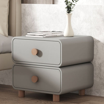 Contemporary Scandinavian Square Tabletop Solid Wood Microfiber Leather Stainless Steel Nightstand 2-Drawer For Bedroom