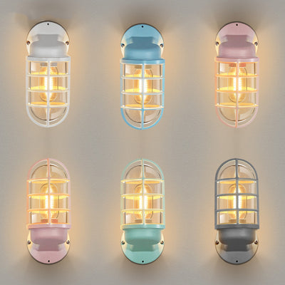 Contemporary Creative Macaron Cylinder Grid Iron Glass 1-Light Wall Sconce Lamp For Living Room