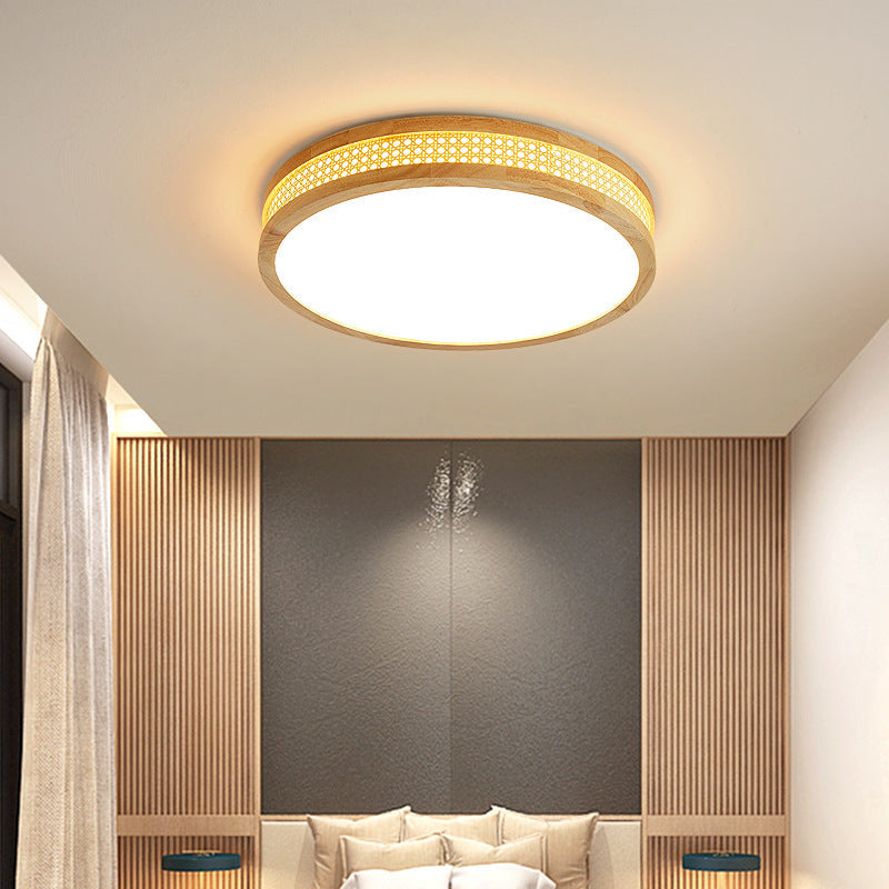 Modern Minimalist Round Acrylic Wood LED Flush Mount Ceiling Light For Bedroom