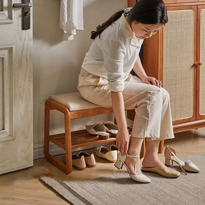 Modern Minimalist Rectangular Solid Wood Leather Shoe Storage Benches For Entryways