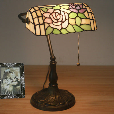 Traditional Tiffany Half Cylinder Rose Zinc Alloy Glass 1-Light Table Lamp For Bedroom