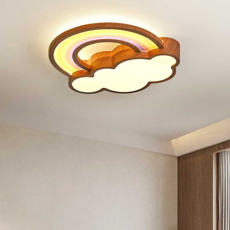 Contemporary Creative Woodgrain Cartoon Animal Bee Aircraft Acrylic LED Kids Flush Mount Ceiling Light For Living Room