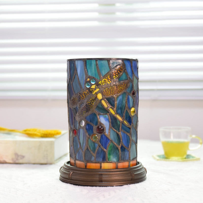 Traditional Tiffany Stained Glass Dragonfly Cylinder Shade Resin Base LED USB Table Lamp For Entertainment Room