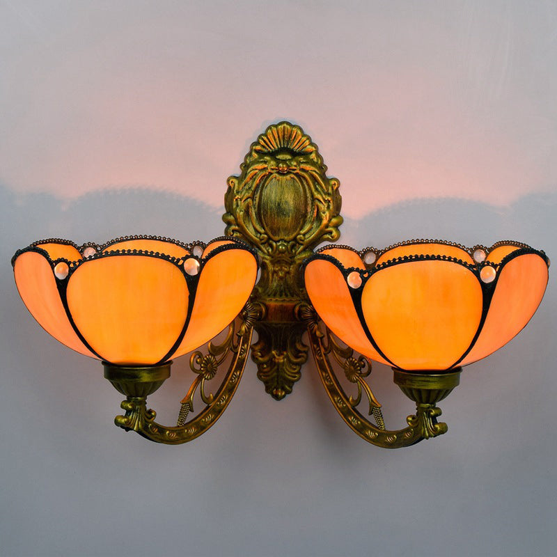 Traditional Tiffany Mediterranean Petal Stained Glass 2-Light Wall Sconce Lamp For Living Room