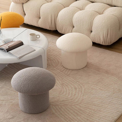 Modern Minimalist Mushroom Cylinder Lambswool Wood Vanity Stool For Bedroom