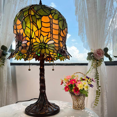 Traditional Tiffany Pod-like Sunflower Pattern Iron Glass 2-Light Table Lamp For Bedroom