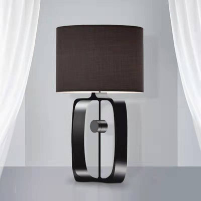 Traditional Chinese Rectangular Cylinder Hollowed Out Iron Fabric 1-Light Table Lamp For Bedroom