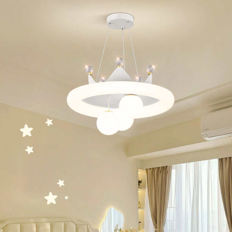 Contemporary Creative Crystal Crown PE Round Shade LED Chandelier For Bedroom