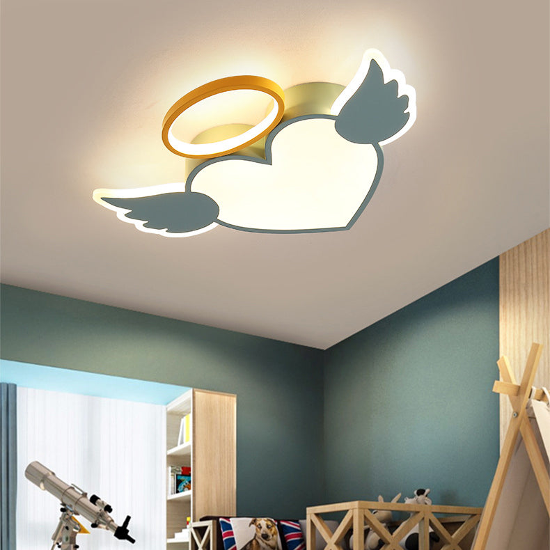 Contemporary Creative Kids Love Wings Iron Aluminum Acrylic Silicone LED Flush Mount Ceiling Light For Bedroom