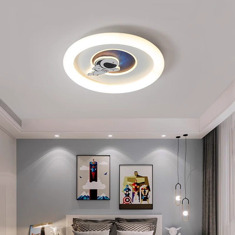 Contemporary Creative Kids Round Rocket Astronaut Iron Acrylic LED Flush Mount Ceiling Light For Bedroom