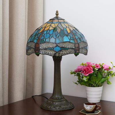 Traditional Tiffany Half Ball Cylinder Disc Base Aluminum Alloy Glass 1-Light Table Lamp For Bedroom